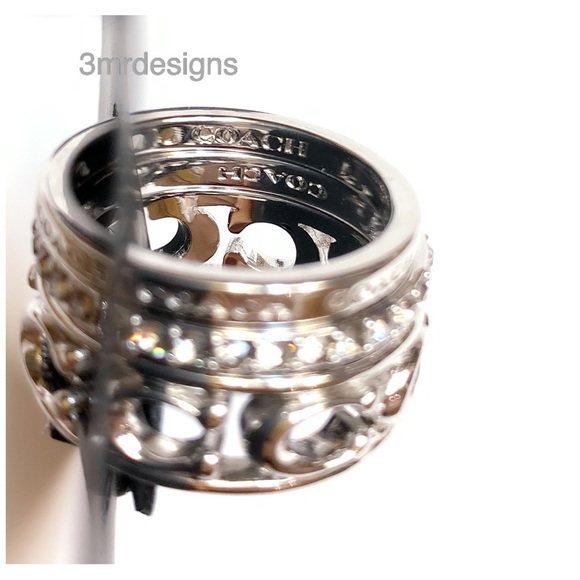 NWT COACH Signature Openwork Silver-plated Brass Glass Crystal 3 Ring Set - Picture 4 of 6